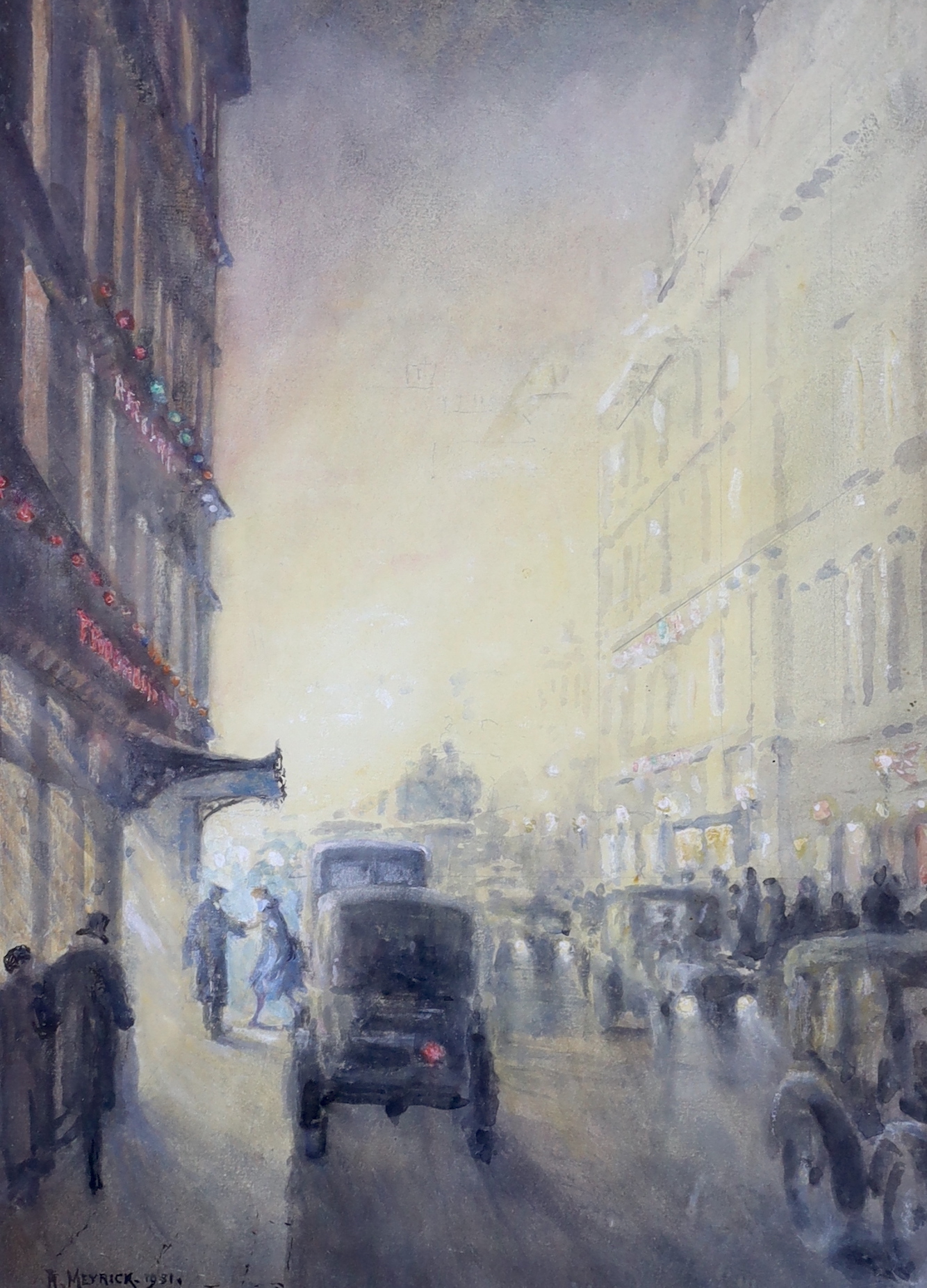Arthur Meyrick (fl.1903-1914), watercolour, 'An impression, Shaftesbury Avenue', signed and dated 1931, East Kent Art Society, inscribed label verso, 35 x 25cm